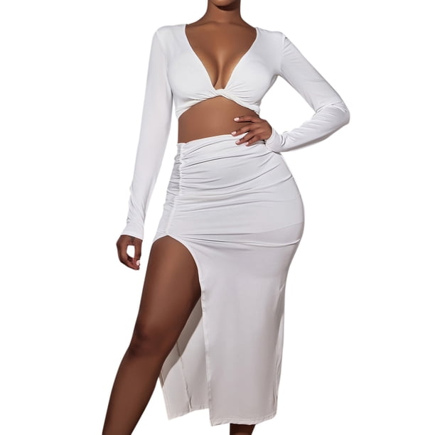Conjunto de top corto y falda con abertura para mujer, ajustado, manga larga