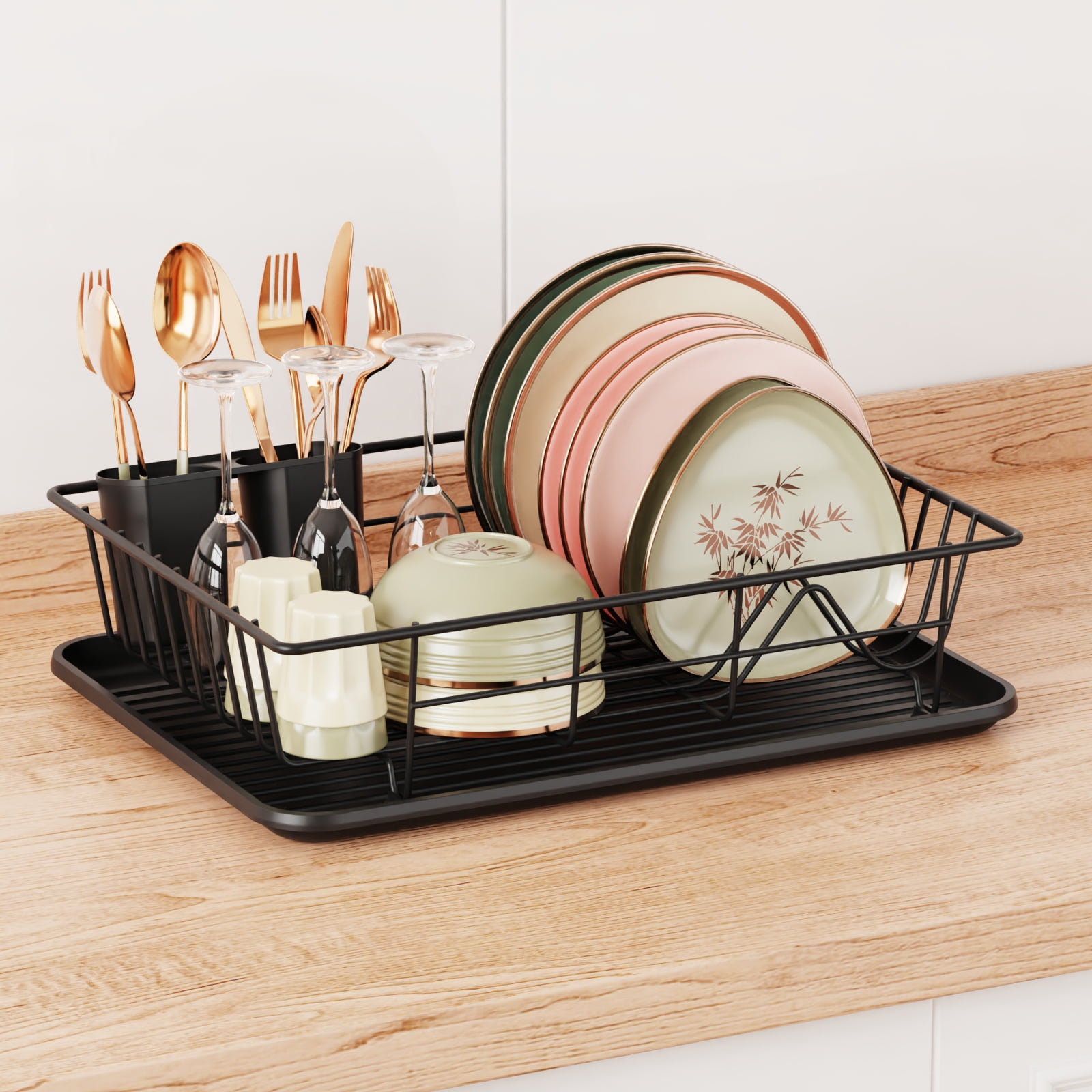 Dish Drying Rack, iSPECLE Dish Drainer with Tray Utensil Cup, for Small  Household Kitchen Counter Cabinet, Dark Green 