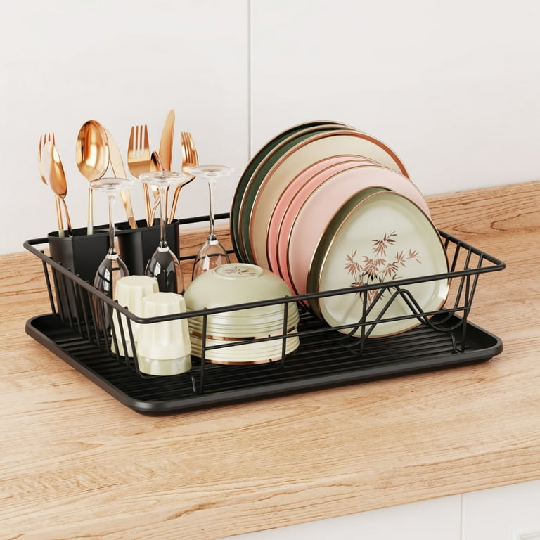 Dish Drying Rack, iSPECLE Dish Drainer with Tray Utensil Cup, for Small  Household Kitchen Counter, Black, 16.5X 12.0 X 4.3inch 