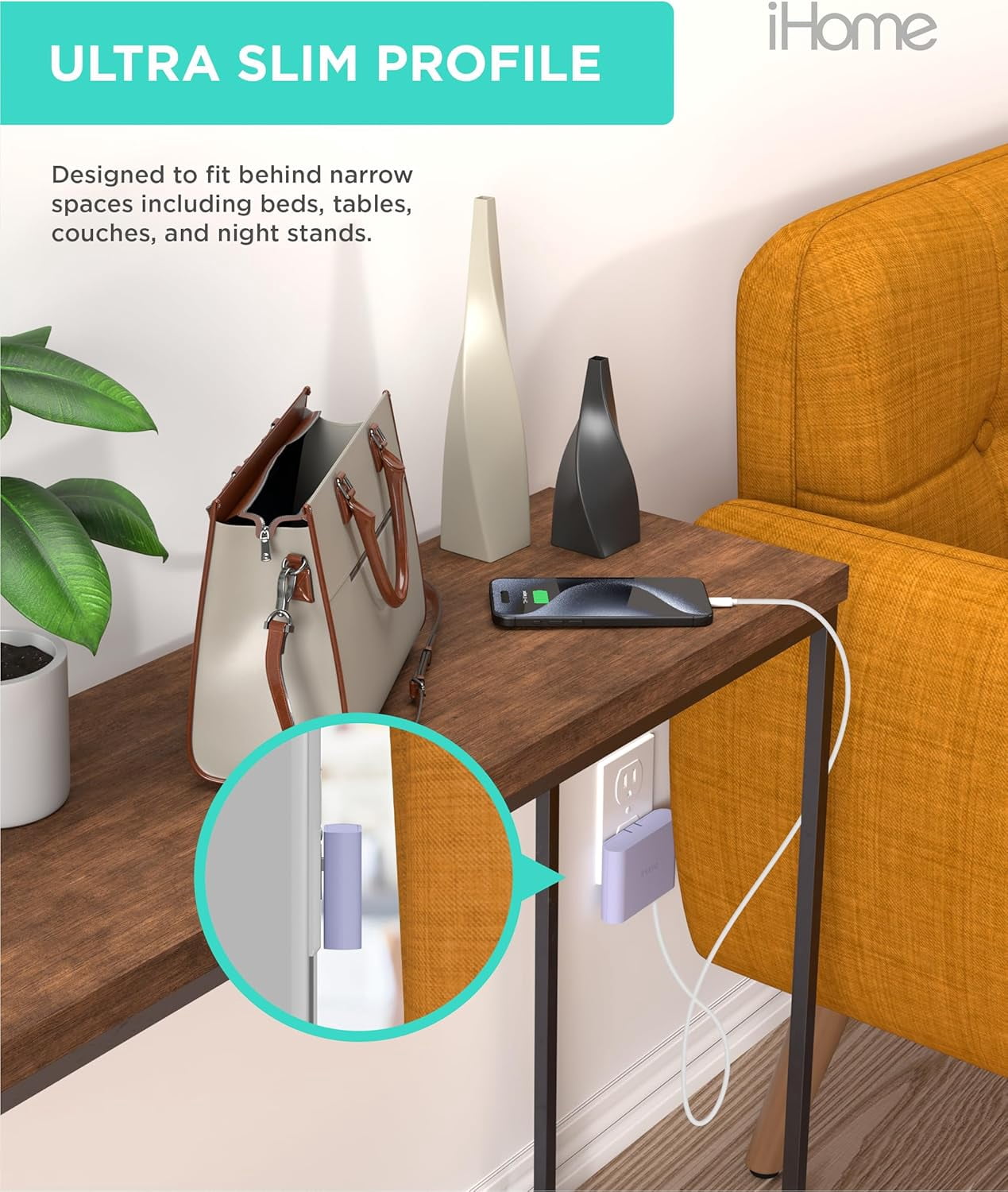 iHome Slim 4-Port USB Wall Charger, AC Pro Flat Plug Adapter, Charging Block for Home & Travel