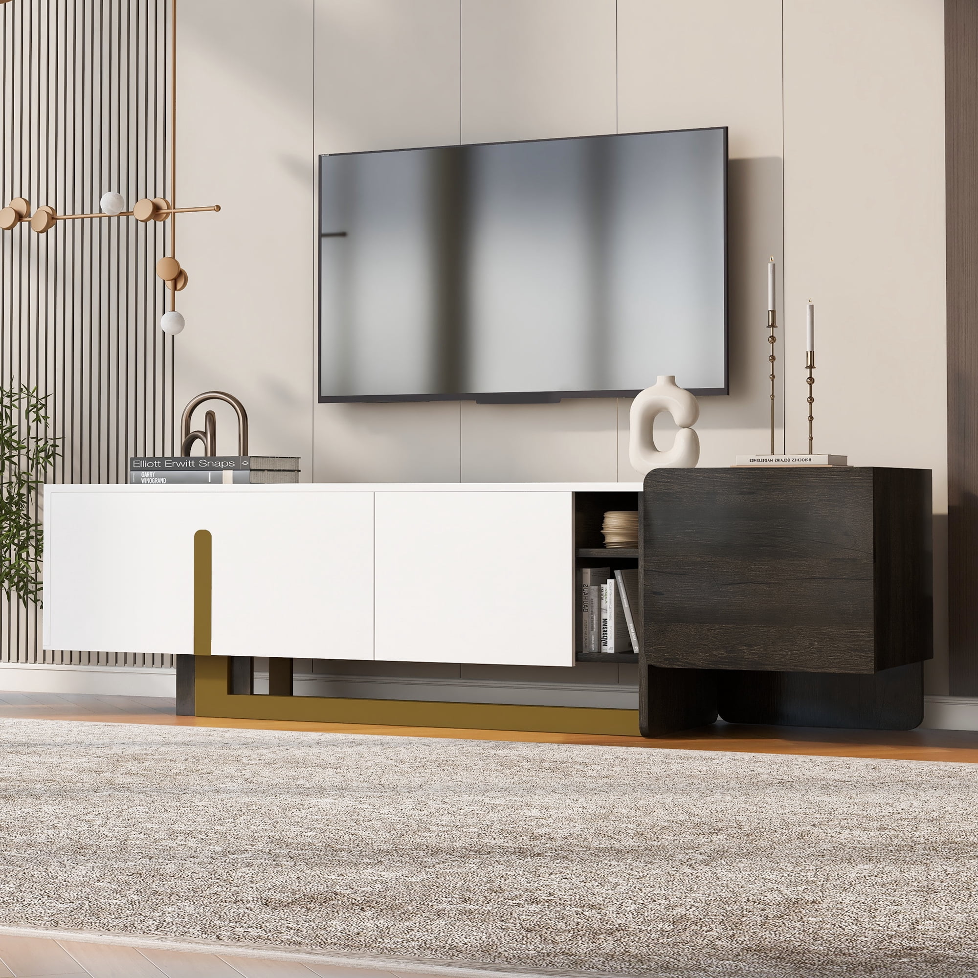 Mintazer 66.7'' TV Stand for TVs up to 70 Inches, Modern Television Cabinet with 1 Drawer, 2 Cabinets and Adjustable Shelves for Living Room, White