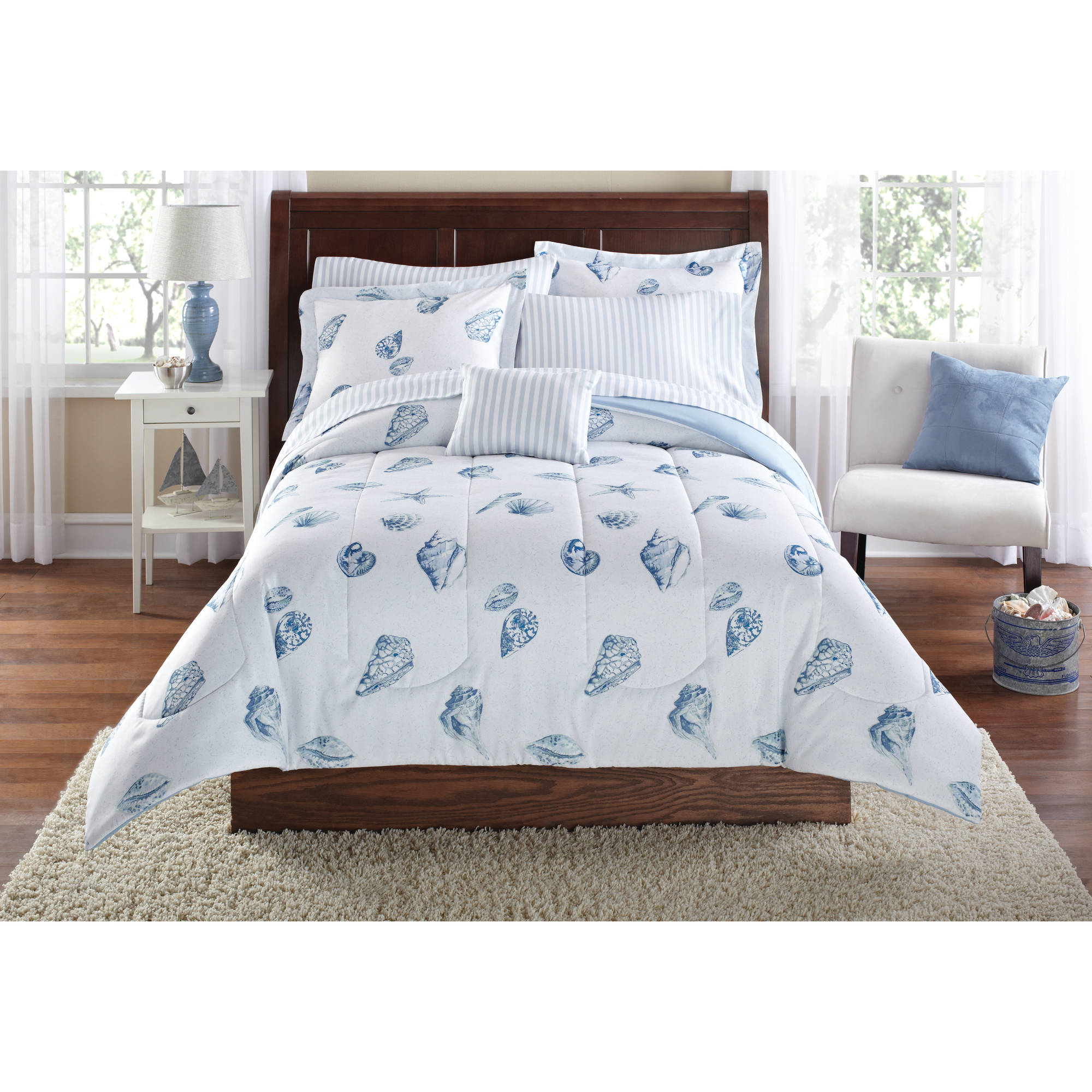 Mainstays Seashell 6 pc Bed in a Bag Set with Sheets, Twin, White