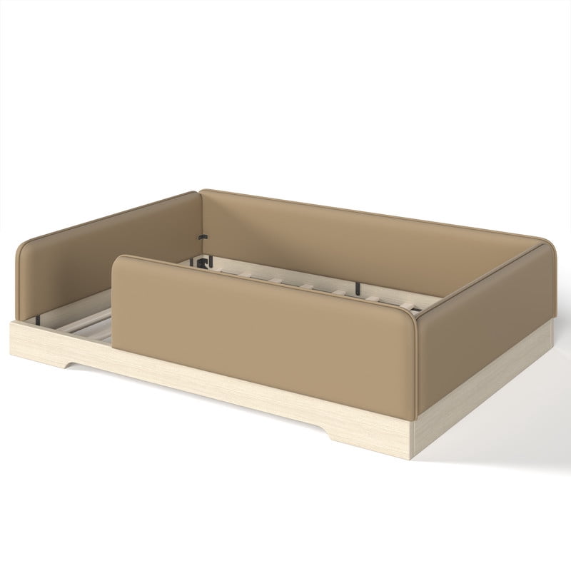 Full Size Faux Leather Upholstered Floor Bed, Kids Montessori Bed Frame with Removable Guardrail, Low Profile Platform Bed