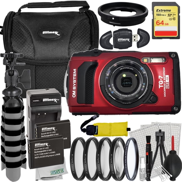 Ultimaxx Advanced OM SYSTEM Tough TG-7 Digital Camera Bundle (Red) - Includes: 64GB Extreme Memory Card, 2x Replacement Batteries & More (25pc Bundle)