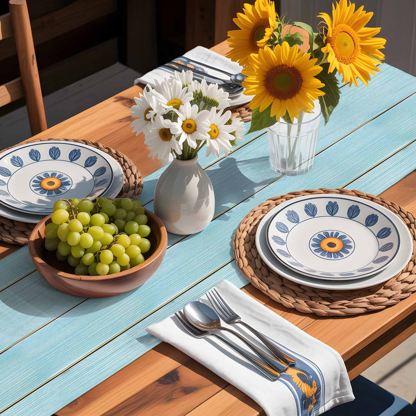 Summer Shell Starfish Flower Table Runner 90 Inches Long, Farm Blue Wood Board Table Runners Tabletop Scarf Kitchen Dining Tables Decoration for Home Party Indoor Outdoor