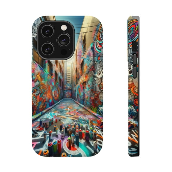 DistinctInk Tough Case for Apple iPhone 14 PRO (6.1" Screen), Compatible with MagSafe Charging - "Urban Kaleidoscope: Vibrant Street Art Transforms City Landscape"