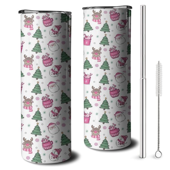 20oz Pink Christmas Santa and Tree Pattern Skinny Tumblers Stainless Steel Tumbler with Lid and Straw,Vacuum Insulated Double Wall Travel Tumbler Cups with Cleaning Brush for Coffee,Tea