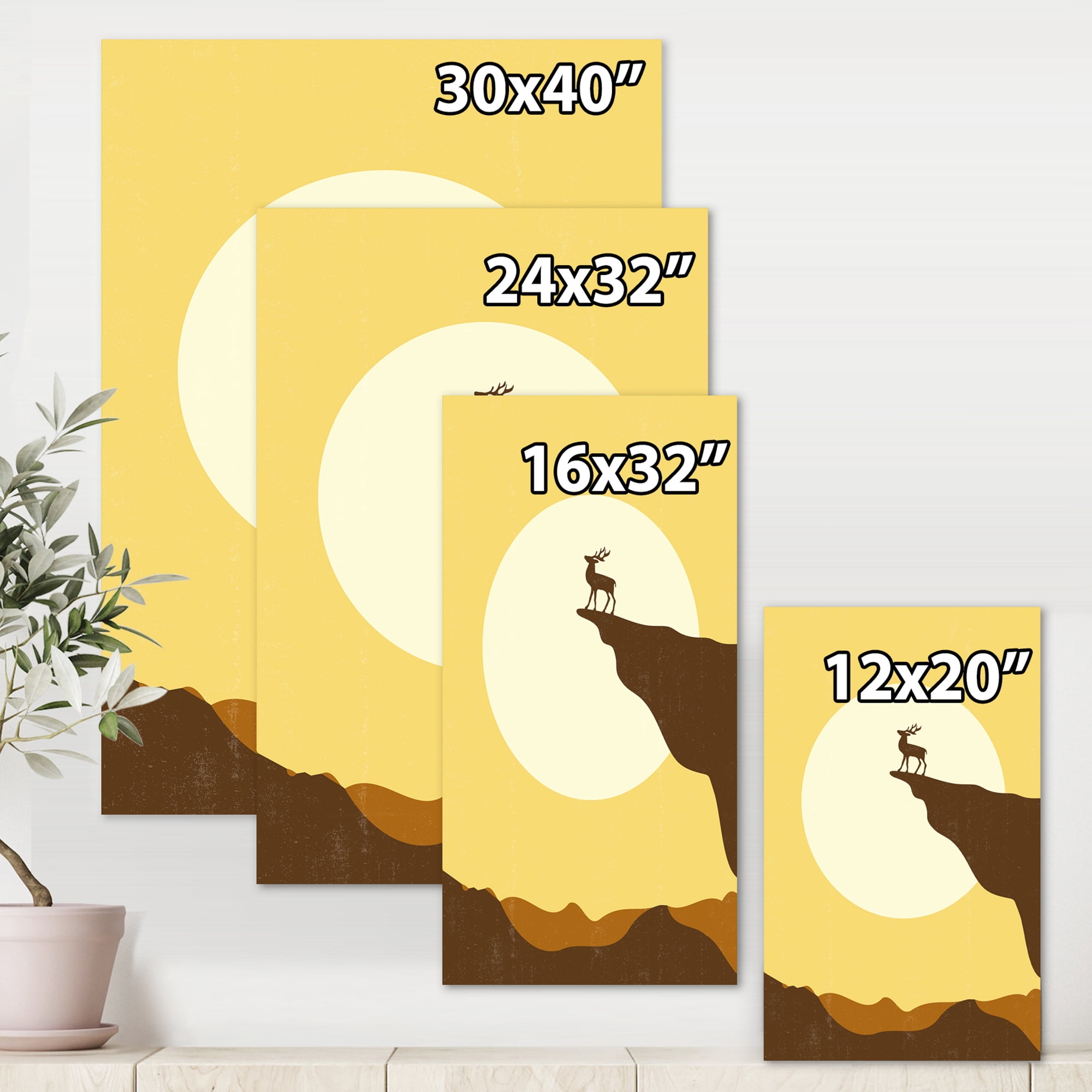 Designart ' Minimalistic Deer At Sunset On Mountain Top ' Lake House Canvas Wall Art Print