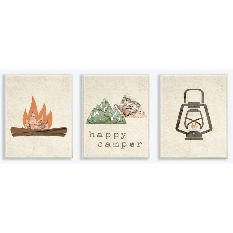 Happy Camper Mountains and Lantern 3pc Wall Plaque Art Set, 10 x 0.5 x 15