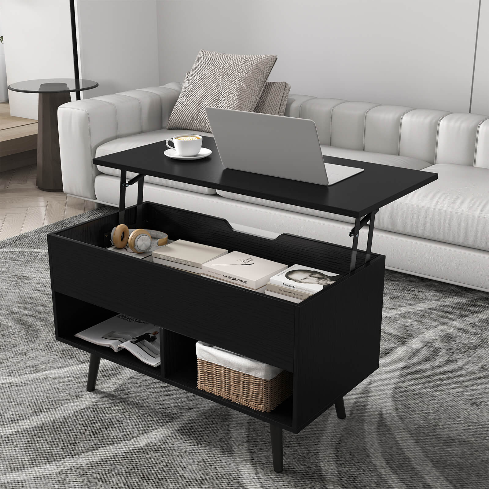 Costway Lift Top Coffee Table with Hidden Compartment Open Storage Shelves for Reception Black