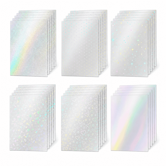 ZGDong 36-Pack Holographic Laminating Sheets, A4 Clear Self-Adhesive Overlay, 6 Patterns for Stickers and Crafts