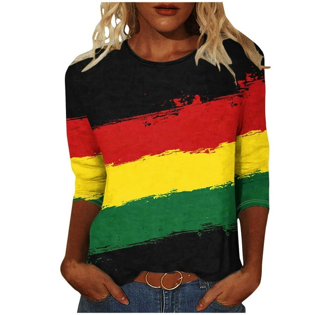 YanHoo Hauts à Manches 3/4 pour Femmes T-Shirts Graphiques à Manches 3/4 Chandail Décontracté Col Rond T-Shirts Histoire des Noirs Manches 3/4 Grande Taille Hauts pour Femmes en Liquidation