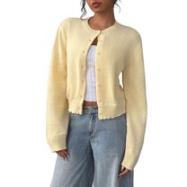 Jxximdong Fashion Coat for Women, Button Down Long Sleeve Crewneck Crop Cardigan Sweater Cute Knitwear Clothes, Women's Coats Yellow