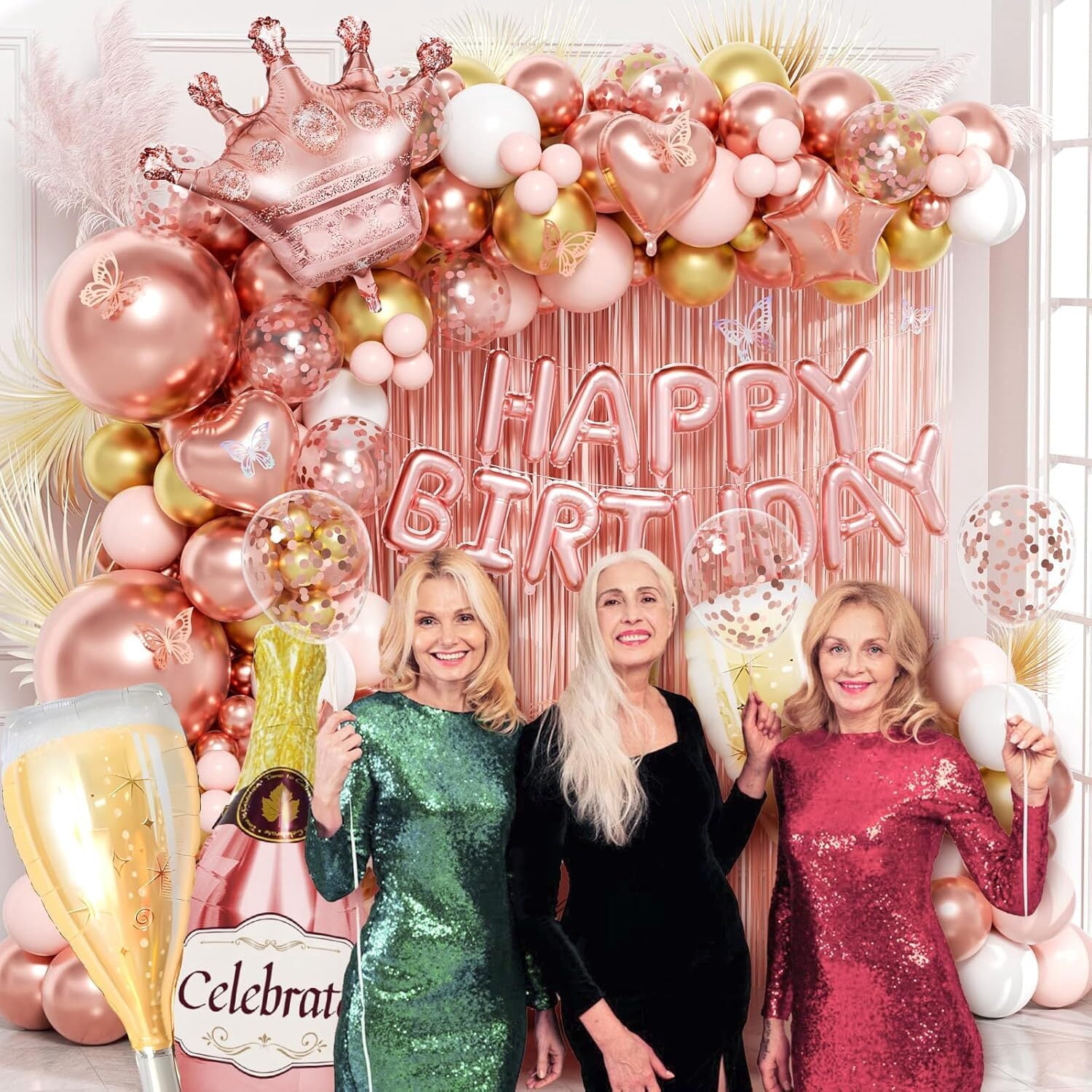 Pink Golden Ball Wreath Bow Set, Birthday Party Decoration, Birthday Party and Wedding Balloon Supplies, Baby Shower Latex Balloon