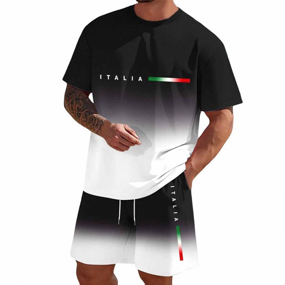 CONZONE Italy Day Men's 2 Pieces Outfits Gradient Color Short Sleeve T-Shirts Shorts Set for Men Breathable Summer Tracksuit