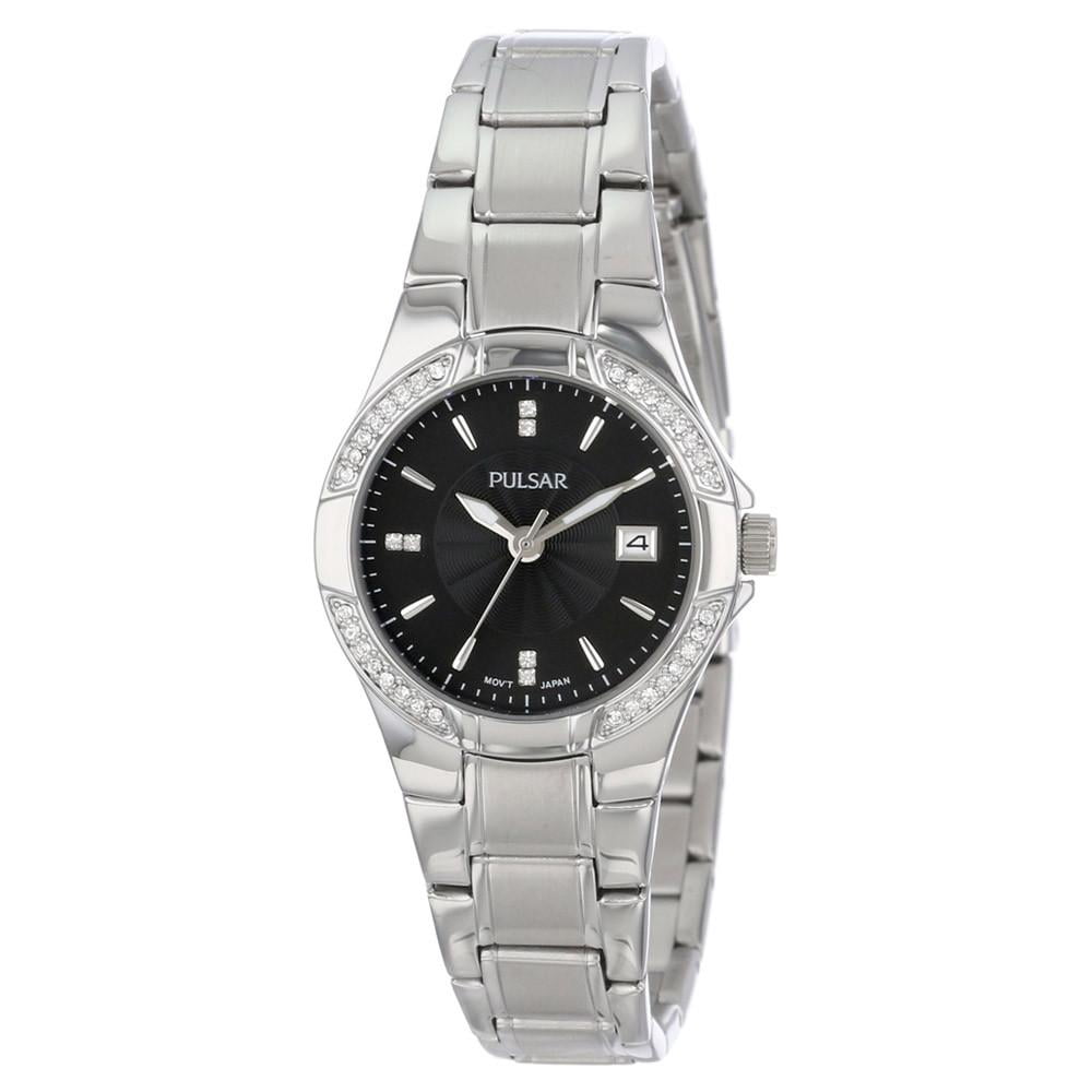Pulsar Womens Crystal Analog Stainless Watch - Silver Bracelet - Black Dial - PH7293