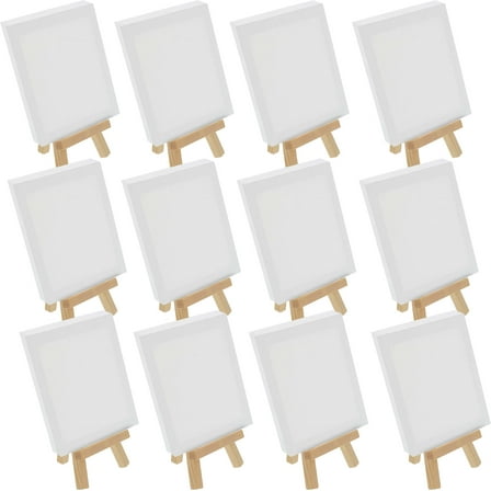 12 Pack U.S. Art Supply 4" x 6" Stretched Canvas with 8" Mini Natural Wood Display Easel Kit, Artist Tripod Table Stand