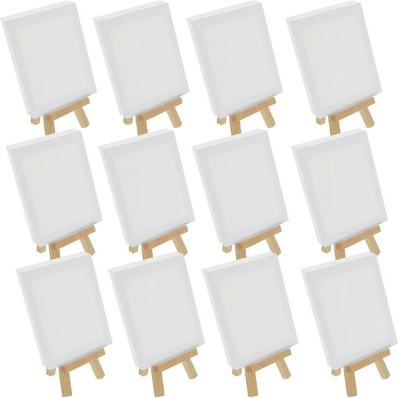 12 Pack U.S. Art Supply 4" x 6" Stretched Canvas with 8" Mini Natural Wood Display Easel Kit, Artist Tripod Table Stand