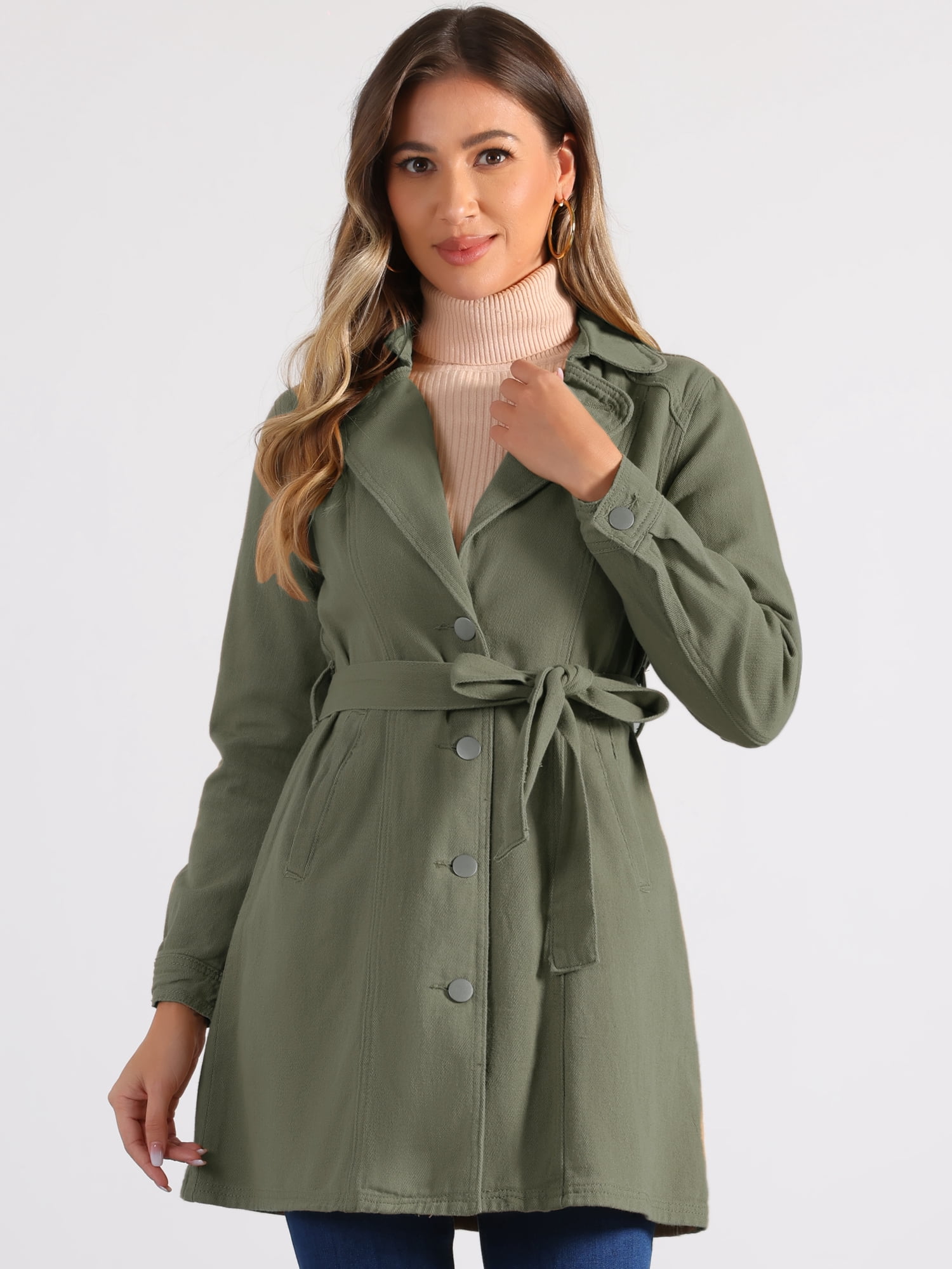 DARING DIVA Trench Jean Notched Lapel Long Sleeve Denim Jacket L Army Green