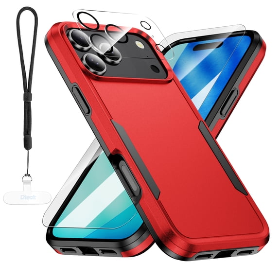 Dteck for iPhone 18 Pro Max Max Case with Glass Screen Protector Camera Lens Cover Wrist Strap, Full Body Shockproof Rugged Phone Cover,Red Black