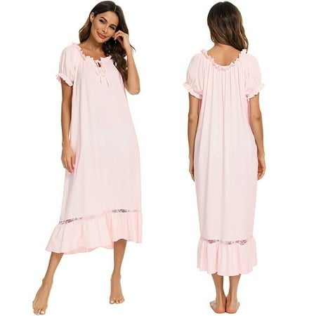 

ZDD- Summer Ruffle Nightgown Women Solid Color Retro Sleep Dress Loose Casual Cute Homewear Short Sleeve Nightdress Sexy Soft Pink L