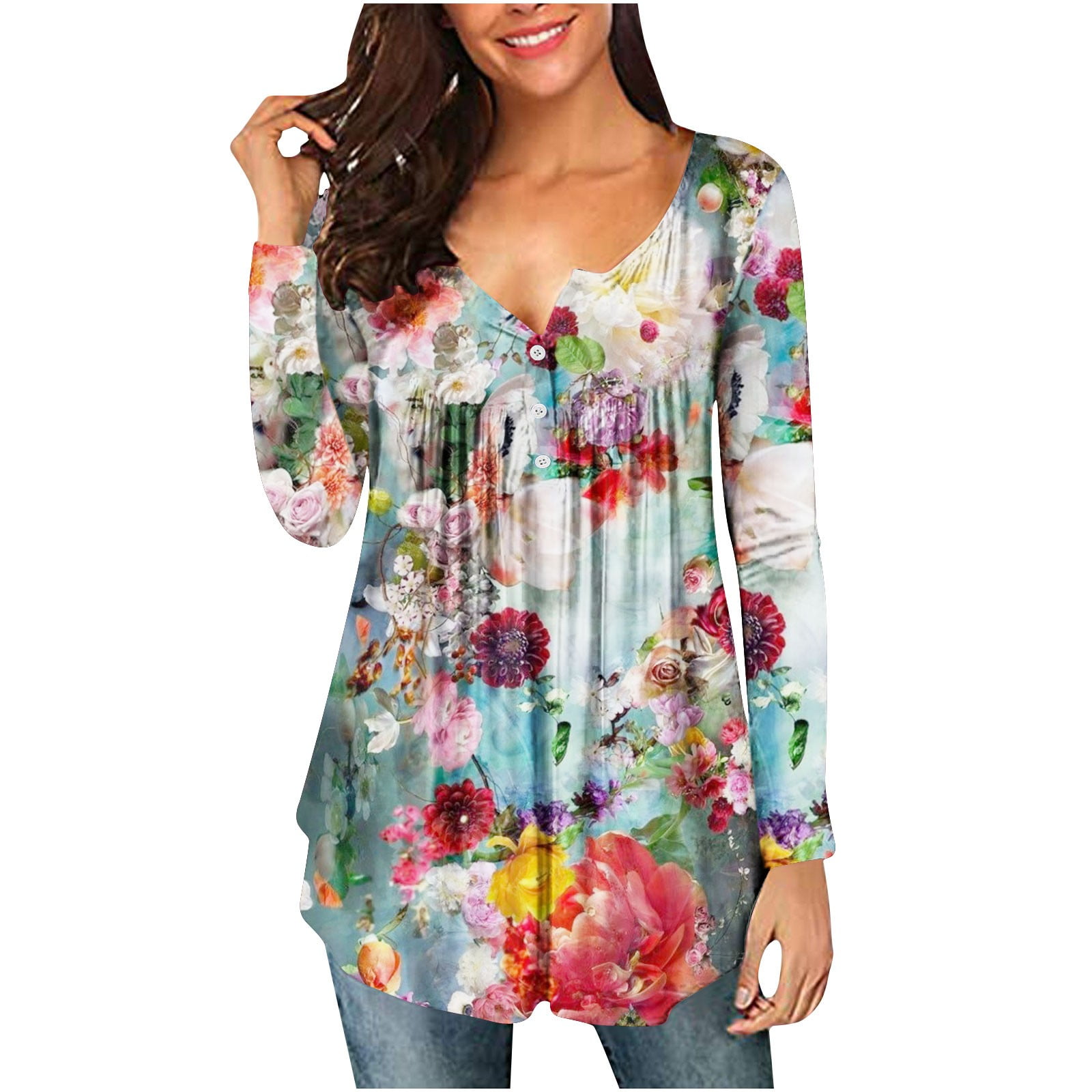 Womens Long Sleeve Henley Shirts Fall 2022 Sexy Button V Neck Blouse ...