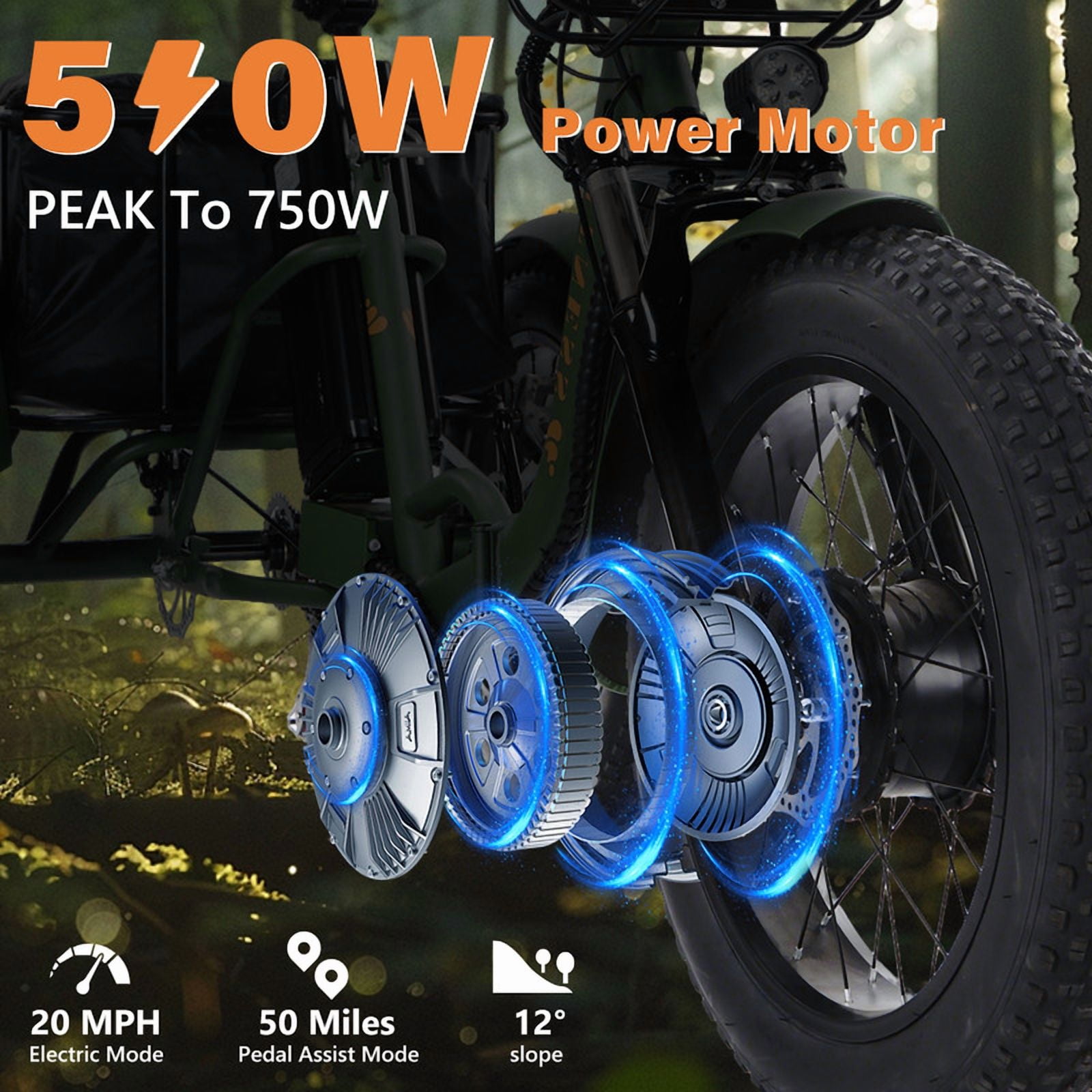 Broobey Electric Tricycle for Adults Folding ETrike E-Tricycle 3 Wheel Electric Trike w/ Two Baskets 48V15AH Lithium Battery Peak 1000W Motor 20*4" Fat Tire Green UL2849 by SGS