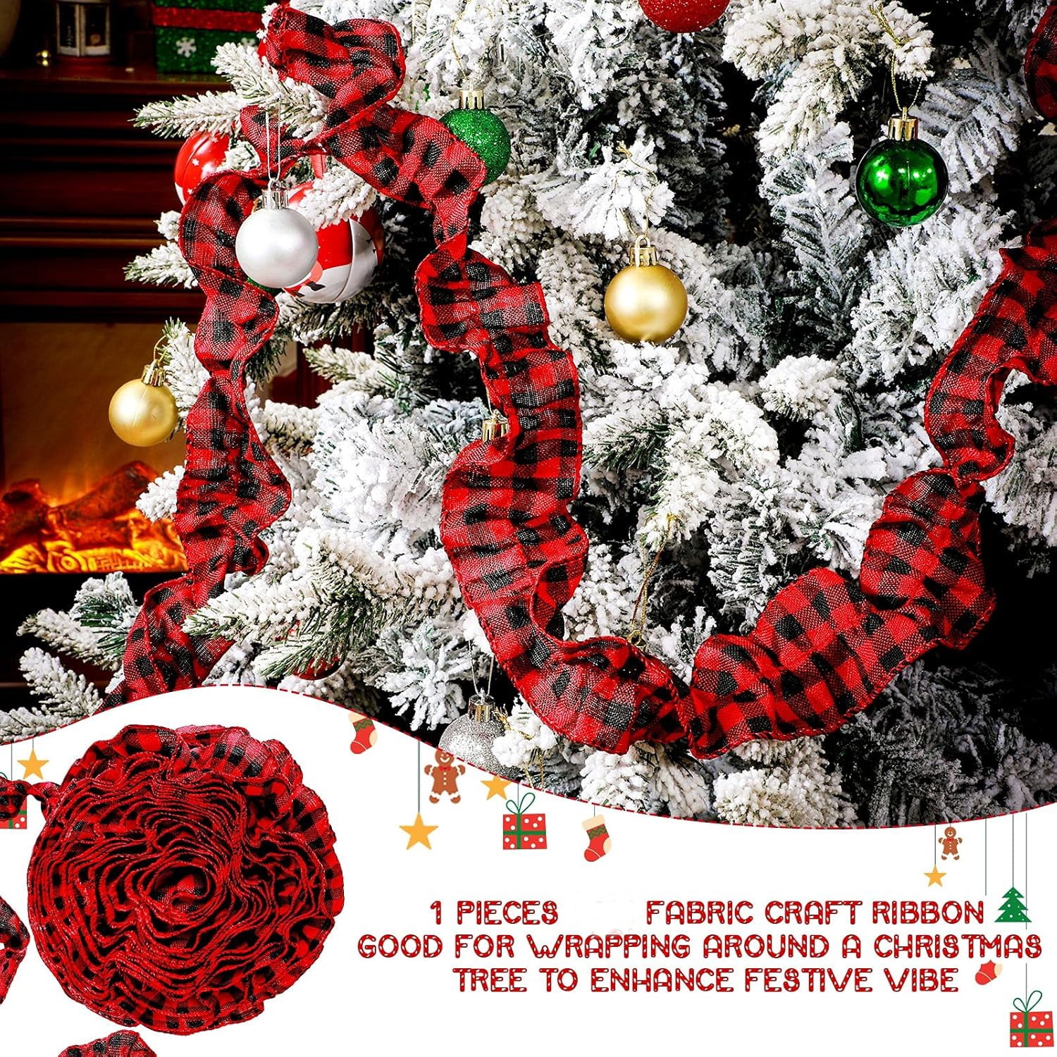 27ft Christmas Buffalo Plaid Ribbon Ruffled Homespun Fabric Garland, Christmas Tree Ribbon Decorations for Christmas Home Wreath Staircase Tree Decor