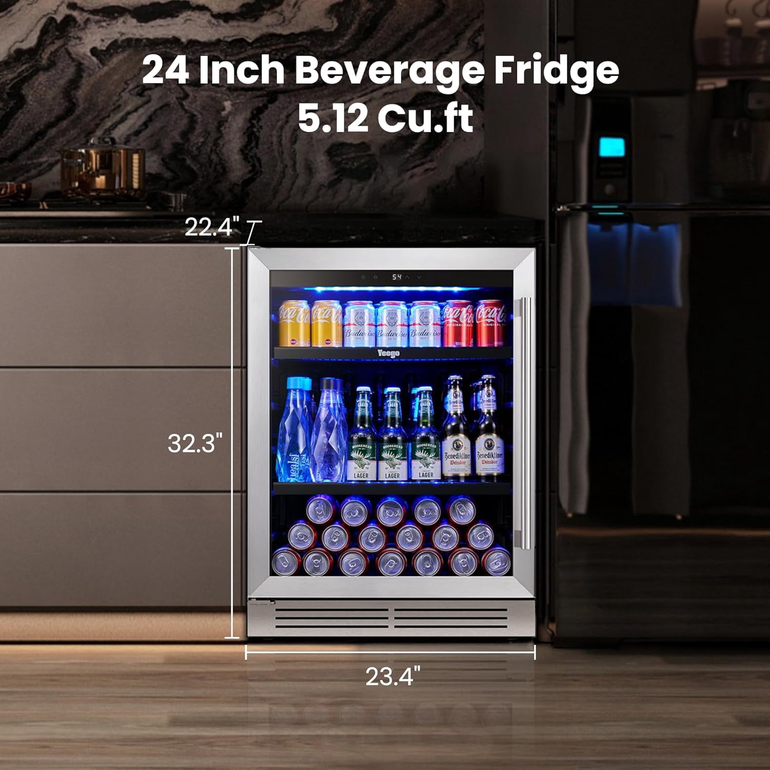 Yeego 24 Inch Beverage Refrigerator Cooler, 180 Cans Drinks Beer Soda Wine Fridge with Glass Door, Built in or Freestanding Home Bar Office
