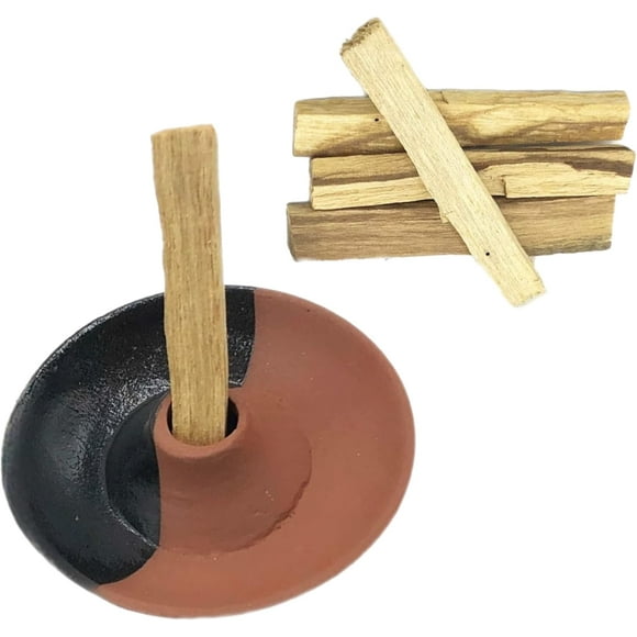 Collection Premium Support Palo Santo en Argile (Two-Tone, Support Noir & Argile) et Kit de Purification 5 Bâtons Palo Santo Authentiques Méditation Guérison - Durablement Fabriqué en Inde