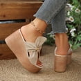 thumbnail image 4 of Rokment Women's Platform Wedge Flip Flops Delicate-Bee Bowknot Fashion Casual Suede Extra Chunky High Heels Slip on Backless Dress Sandals Comfortable Walking Slides Summer Shoes Beige Size 6, 4 of 6