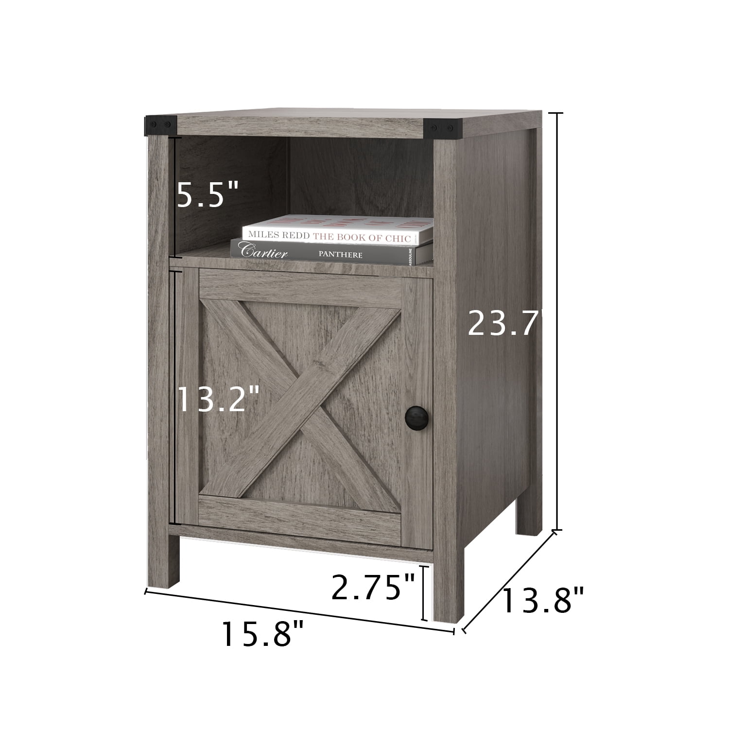 Catrimown Farmhouse Nightstand, Side Table, End Table with Barn Door and Shelf, Rustic Modern Bed Night Stand for Bedroom, Living Room, Grey Wash
