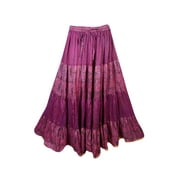 Mogul Womens Tiered Maxi Skirt Pink Printed Silk Sari Full Flare Peasant Skirts