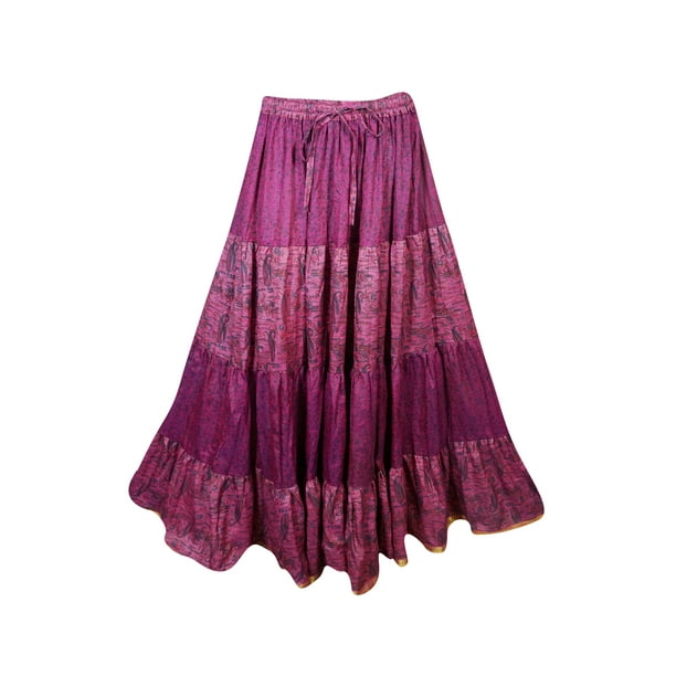 Mogul Womens Tiered Maxi Skirt Pink Printed Silk Sari Full Flare ...