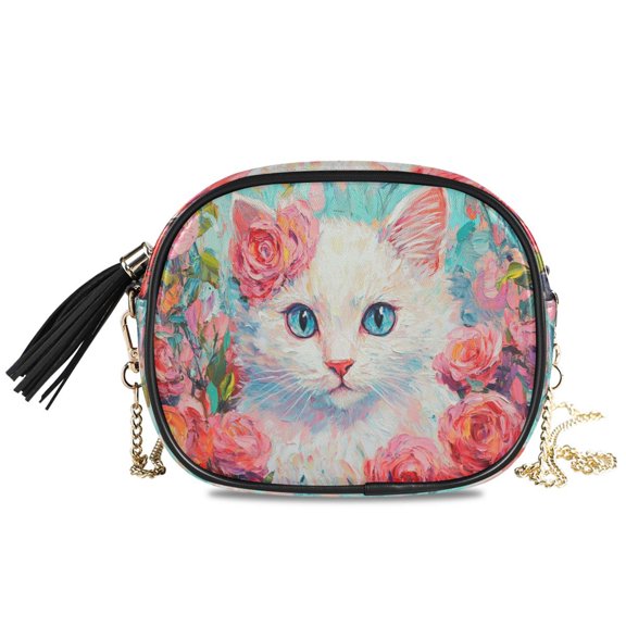 Womens Casual Chain Shoulder Bag Simple style White Cat Surrounded by Flowers Crossbody Bag