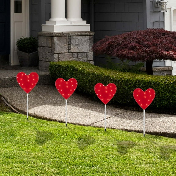 Northlight 4ct Red Heart Valentine's Day Pathway Marker Lawn Stakes, Clear Lights