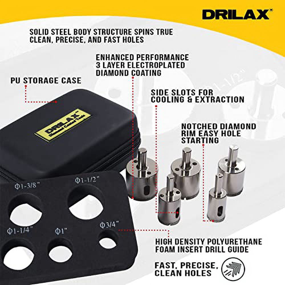 Drilax Diamond Drill Bit Hole Saw Extra Tall Long Drilling Quartz Granite Countertop Ceramic Porcelain Tile Glass 3/4, 1, 1 1/4, 1 3/8, 1 1/2 Inch 5 Pieces Set