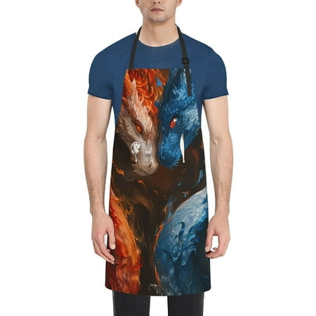 

Lukts Red And Blue Fire Dragon F Pattern Kitchen Cooking Aprons Adjustable Bib Soft Chef Apron with 2 Pockets for Men Women