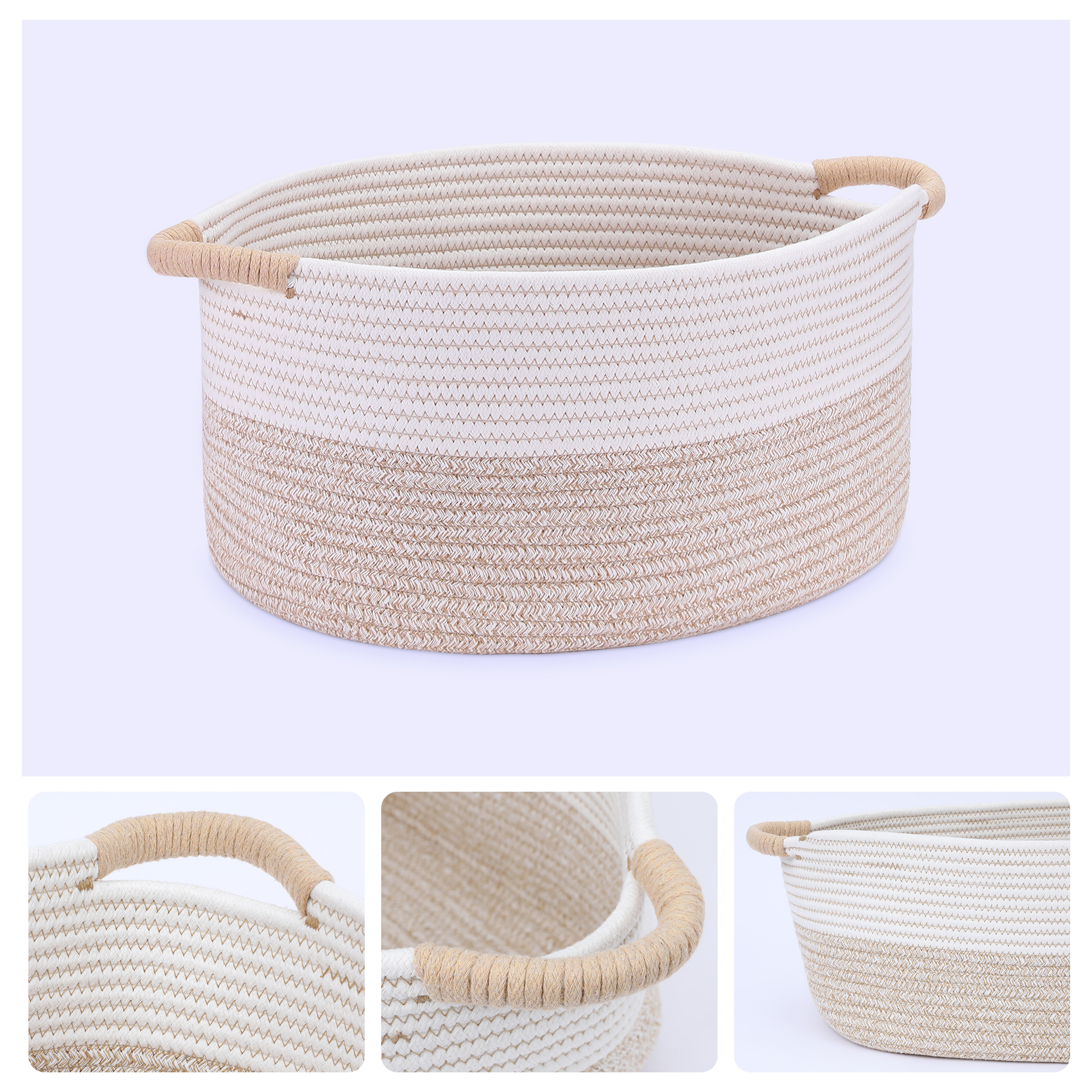Unique Bargains Woven Storage Basket Bin with Handles White/Khaki 17*12.5*8.5in