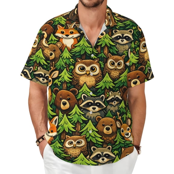 Forest Animal Men's Shirts Short-Sleeved with All-Over Prints Button-Up Shirts
