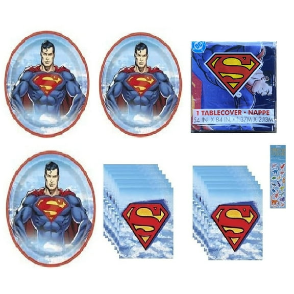 Super Hero Superman Birthday Party Supplies Decoration Bundle Pack includes 24 Paper Large Plates 9", 32 Napkins 6.5", 1 Tablecover, 1 Dinosaur Sticker Sheet