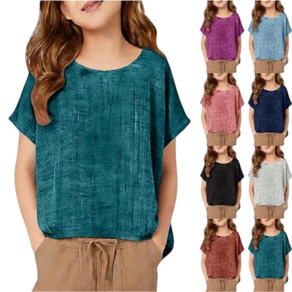 Girls Cotton Linen Shirts Tween Girls Boho Boat Neck Blouses Roll Up Sleeve Oversized Tunic Blouse Dressy Casual Shirts,Dark Green,11-12 Years
