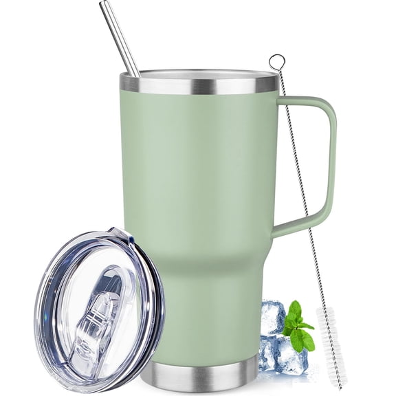 Insulated stainless steel tumbler 20oz, double wall vacuum coffee mug with handle, leak proof travel cup for hot coffee and cold beverages, green