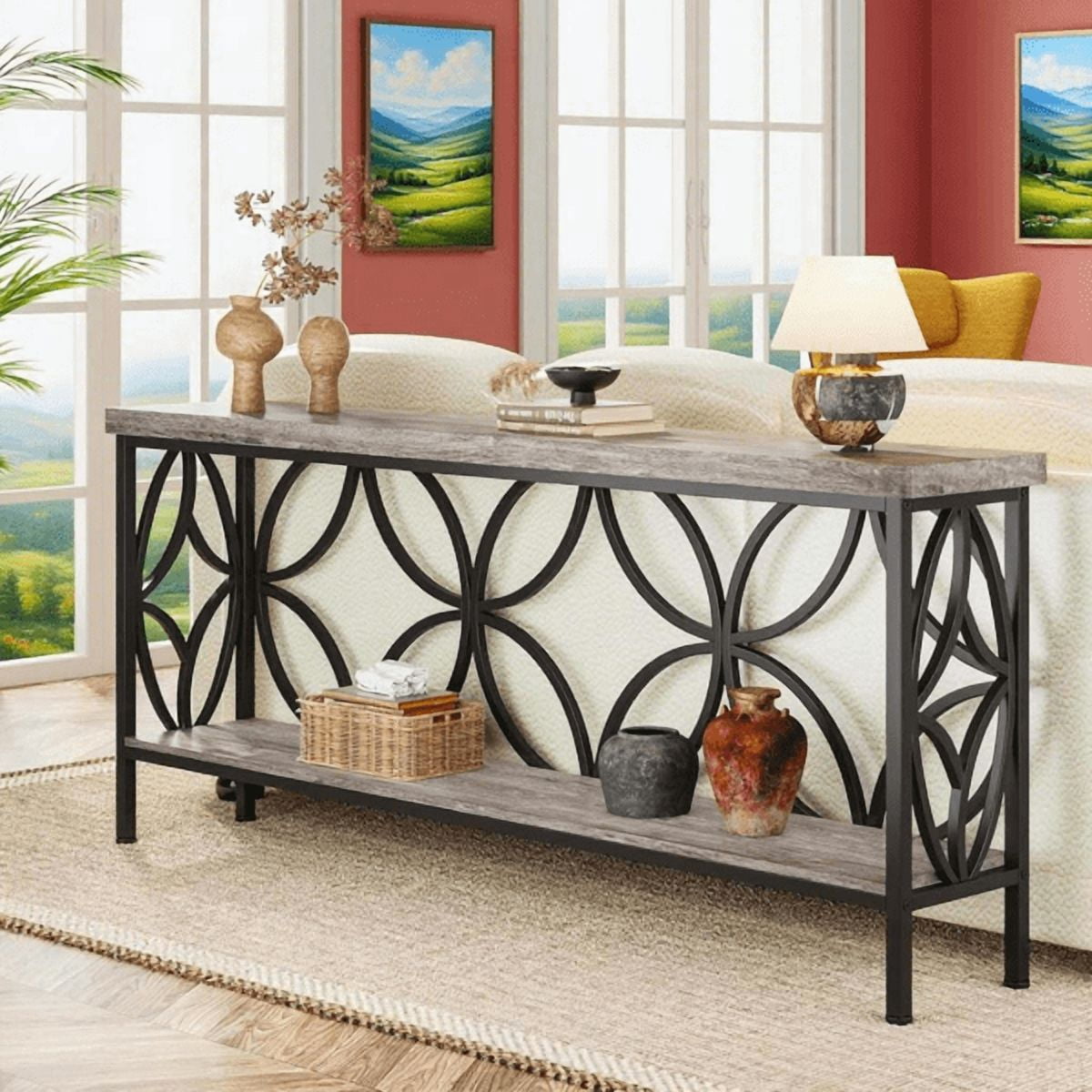 70.9" Industrial Behind Sofa Console Table - Vintage Wood Grain & Black Metal, 2-Tier Storage, 198lb Capacity, Slim Design for Entryway, Hallway, Living Room