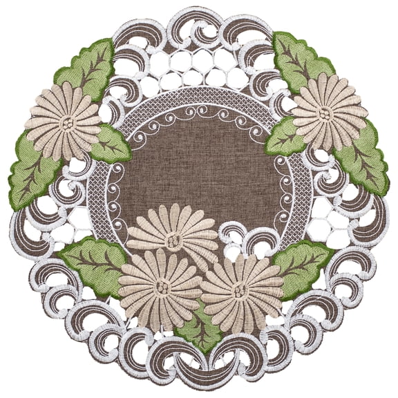 Embroidered Gold Daisy on Brown Doily (15" Round)