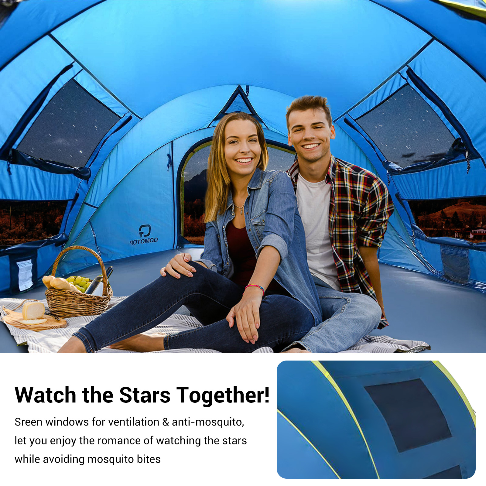 QOMOTOP Instant Tent 4-Person Camp Tent, Automatic Setup Pop Up Tent, Waterproof, Huge Side Screen Windows, Blue - image 3 of 8