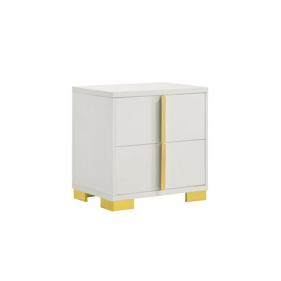 Simple Relax 2 Drawers Wooden Nightstand with Metal Hardware in White and Gold