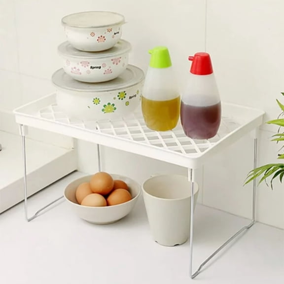 White Foldable Stackable Kitchen Shelf, Plastic Countertop Storage Rack Organizer, Multi-Purpose Desktop Cabinet Organizer for Spice, Plates, Cups, Pantry, Bathroom, Office