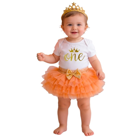 Yuncity Baby Girl Outfit Crew Neck Letter Graphic Short‑Sleeve Top And Tiered Ruffle Skirt Headband 3 Piece Clothes Set Birthday Wear Size 0-3 Months White