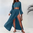 thumbnail image 5 of SOOMLON 2 Piece Skirt Set for Women Plus Size Long Sleeve Crop Tees Side Split Skirt Vacation Linen Matching Outfits, 5 of 8